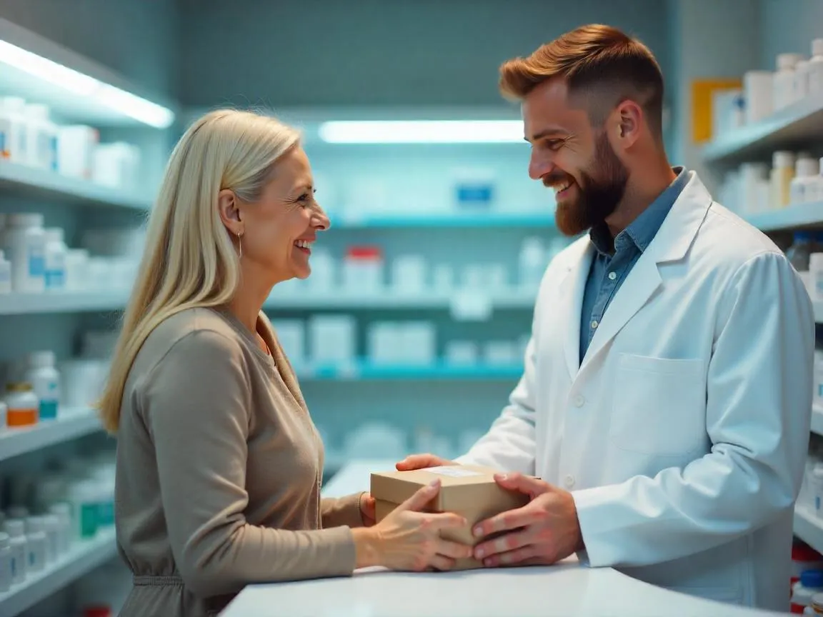 A smiling pharmacist hands a prescription package to a patient across the pharmacy counter